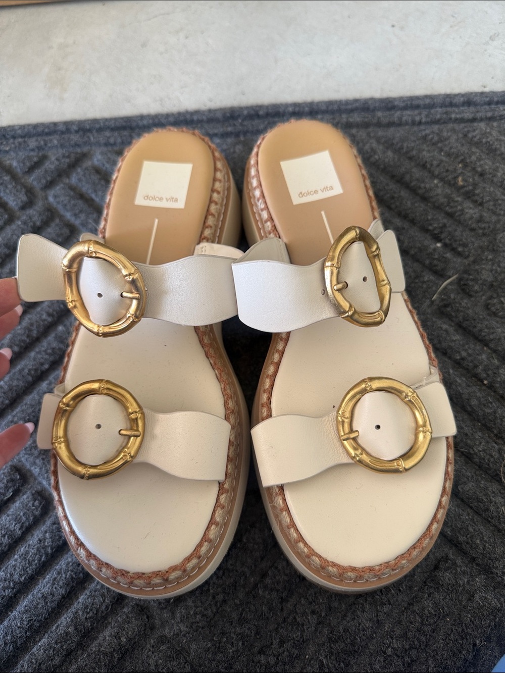 Dolce Vita Rysha White Slide Sandals with Gold Bamboo-Style Buckles